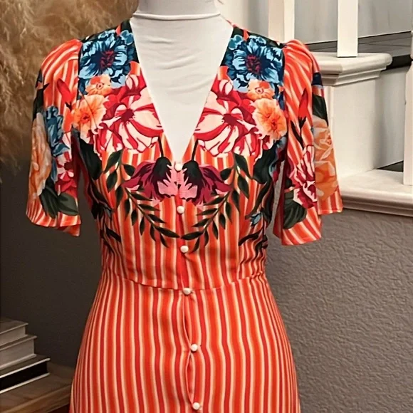 Lulus Roam the Riviera Orange Multi Striped Button-Up Maxi Dress Size XS - Picture 5 of 10